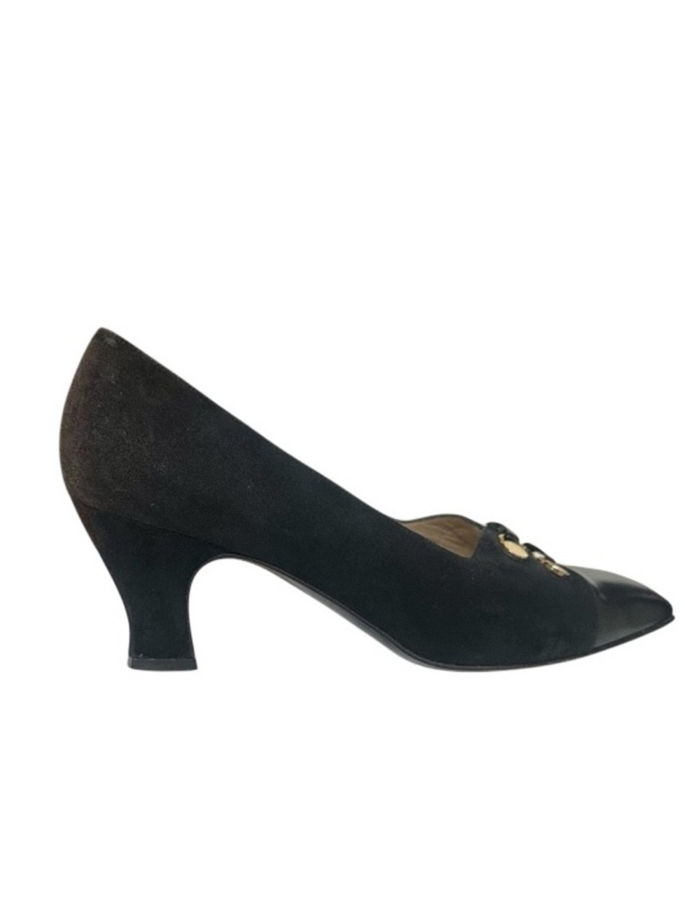 St. John Black Suede Leather Cap Toe Heels with Goldtone Hardware Size 7.5 - Picture 10 of 10